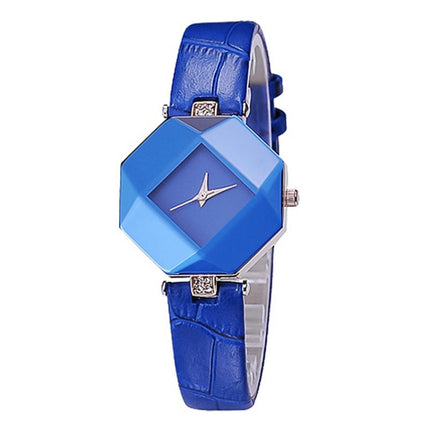 Gem Cut Geometry Crystal Leather Quartz Wristwatch Fashion Watch for Ladies(Blue)-garmade.com