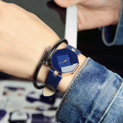 Gem Cut Geometry Crystal Leather Quartz Wristwatch Fashion Watch for Ladies(Blue)-garmade.com