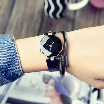 Gem Cut Geometry Crystal Leather Quartz Wristwatch Fashion Watch for Ladies(Black)-garmade.com