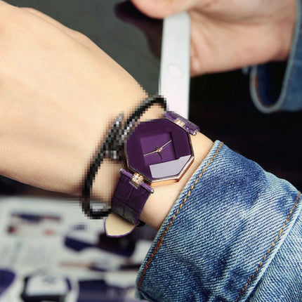 Gem Cut Geometry Crystal Leather Quartz Wristwatch Fashion Watch for Ladies(Purple)-garmade.com