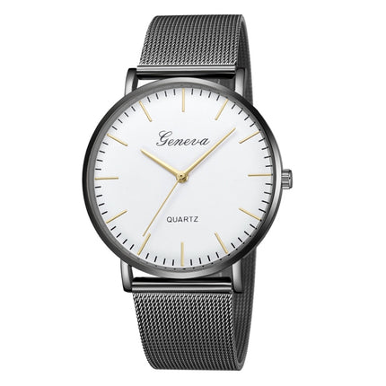 Geneva Fashion Quartz Watch Men Women Mesh Stainless Steel Watchband(Black shell white dial gold needle)-garmade.com