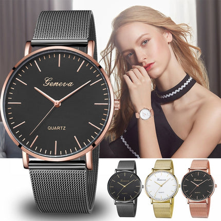 Geneva Fashion Quartz Watch Men Women Mesh Stainless Steel Watchband(Black shell white dial gold needle)-garmade.com