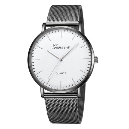 Geneva Fashion Quartz Watch Men Women Mesh Stainless Steel Watchband(Black shell white dial Silver needle)-garmade.com