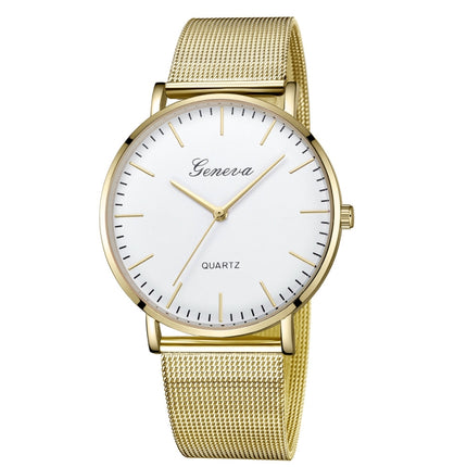 Geneva Fashion Quartz Watch Men Women Mesh Stainless Steel Watchband(Gold shell White dial gold needle)-garmade.com