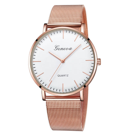 Geneva Fashion Quartz Watch Men Women Mesh Stainless Steel Watchband(Rose gold white dial gold needle)-garmade.com