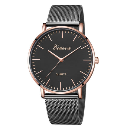 Geneva Fashion Quartz Watch Men Women Mesh Stainless Steel Watchband(Rose gold Sheel black dial black band)-garmade.com