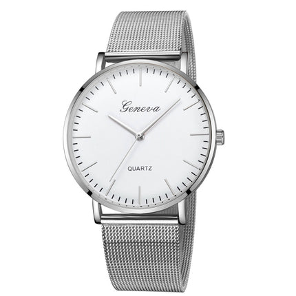 Geneva Fashion Quartz Watch Men Women Mesh Stainless Steel Watchband(Silver shell white dial silver needle)-garmade.com