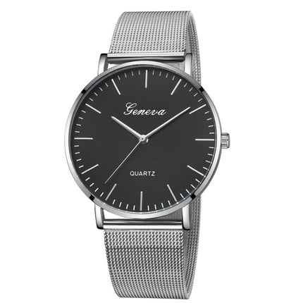 Geneva Fashion Quartz Watch Men Women Mesh Stainless Steel Watchband(Silver band black dial silver needle)-garmade.com