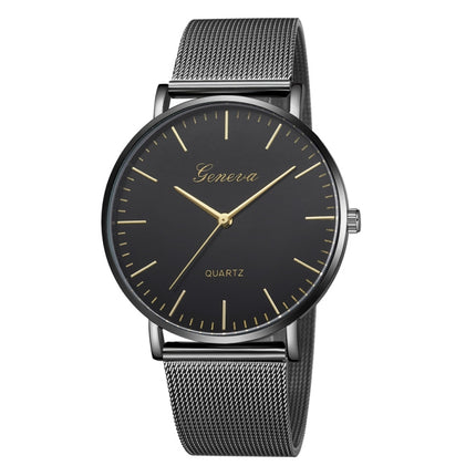 Geneva Fashion Quartz Watch Men Women Mesh Stainless Steel Watchband(Black band black dial gold needle)-garmade.com