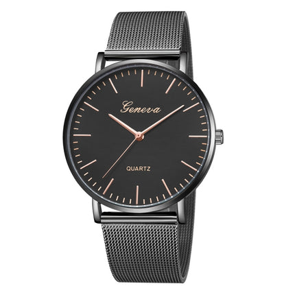 Geneva Fashion Quartz Watch Men Women Mesh Stainless Steel Watchband(Black shell black dial rose gold needle)-garmade.com