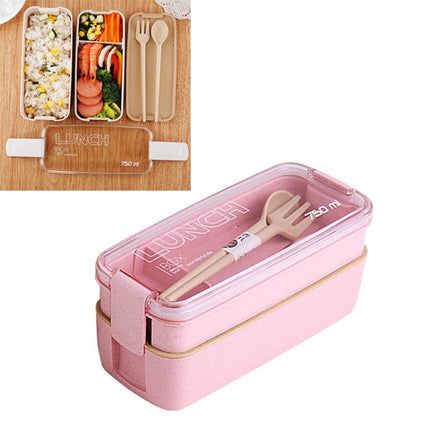 750ml Healthy Material Wheat Straw 2 Layer Lunch Box Dinnerware Food Storage Bento Container Microwave Lunchbox(Pink)-garmade.com