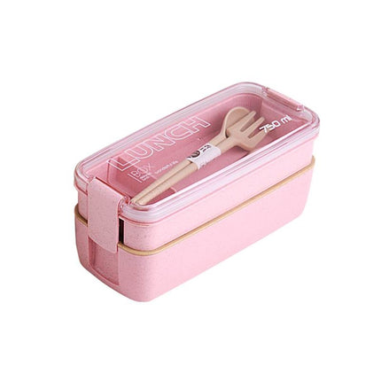750ml Healthy Material Wheat Straw 2 Layer Lunch Box Dinnerware Food Storage Bento Container Microwave Lunchbox(Pink)-garmade.com