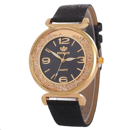 FULAIDA Women Rhinestone Gold Powder PU Leather Strap Quartz Watch(Black)-garmade.com