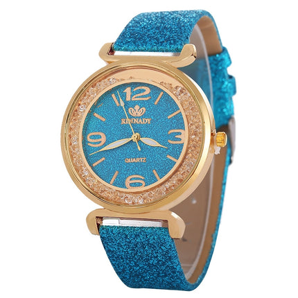 FULAIDA Women Rhinestone Gold Powder PU Leather Strap Quartz Watch(Blue)-garmade.com
