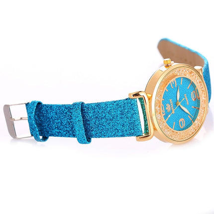 FULAIDA Women Rhinestone Gold Powder PU Leather Strap Quartz Watch(Blue)-garmade.com