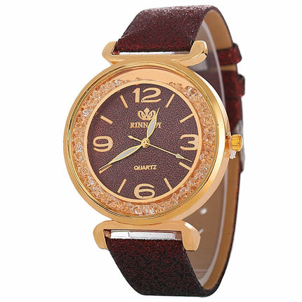 FULAIDA Women Rhinestone Gold Powder PU Leather Strap Quartz Watch(Brown)-garmade.com