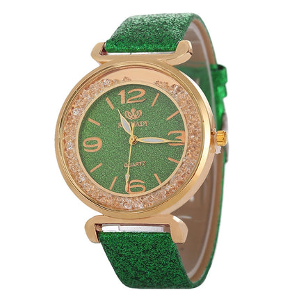 FULAIDA Women Rhinestone Gold Powder PU Leather Strap Quartz Watch(Green )-garmade.com