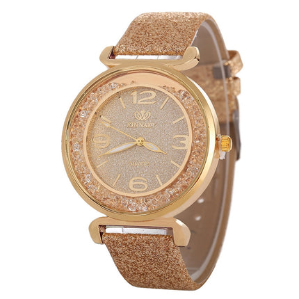 FULAIDA Women Rhinestone Gold Powder PU Leather Strap Quartz Watch(Gold)-garmade.com