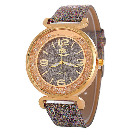 FULAIDA Women Rhinestone Gold Powder PU Leather Strap Quartz Watch(Grey)-garmade.com