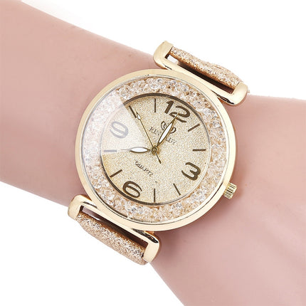 FULAIDA Women Rhinestone Gold Powder PU Leather Strap Quartz Watch(Pink)-garmade.com