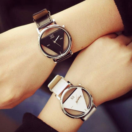 Snake Belt Women Watch Double-Sided Hollow Perspective Triangle Quartz Watch(Black)-garmade.com