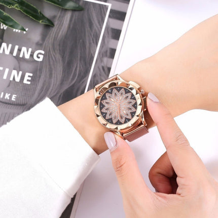 Smeeto Women Fashion Flower with Rhinestone Mesh Belt Alloy Bracelet Quartz Watch(rose gold)-garmade.com