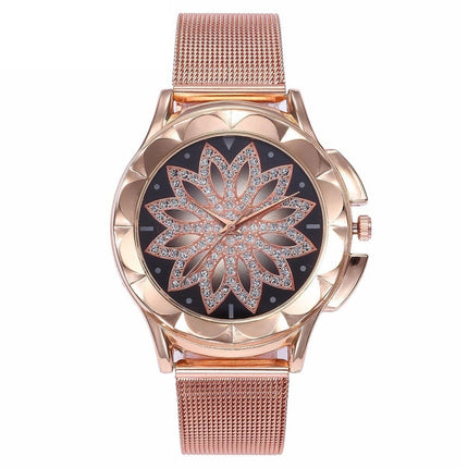 Smeeto Women Fashion Flower with Rhinestone Mesh Belt Alloy Bracelet Quartz Watch(rose gold)-garmade.com