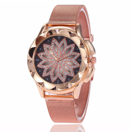 Smeeto Women Fashion Flower with Rhinestone Mesh Belt Alloy Bracelet Quartz Watch(rose gold)-garmade.com