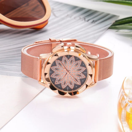 Smeeto Women Fashion Flower with Rhinestone Mesh Belt Alloy Bracelet Quartz Watch(rose gold)-garmade.com