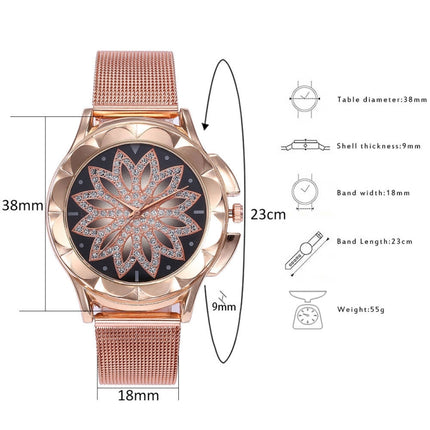 Smeeto Women Fashion Flower with Rhinestone Mesh Belt Alloy Bracelet Quartz Watch(rose gold)-garmade.com