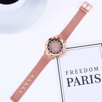 Smeeto Women Fashion Flower with Rhinestone Mesh Belt Alloy Bracelet Quartz Watch(rose gold)-garmade.com