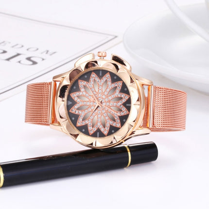 Smeeto Women Fashion Flower with Rhinestone Mesh Belt Alloy Bracelet Quartz Watch(rose gold)-garmade.com