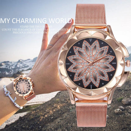 Smeeto Women Fashion Flower with Rhinestone Mesh Belt Alloy Bracelet Quartz Watch(rose gold)-garmade.com