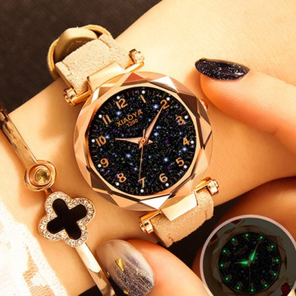 XIAOYA Fashion Women Star Sky Dial PU Leather Belt Quartz Wrist Watches(White)-garmade.com