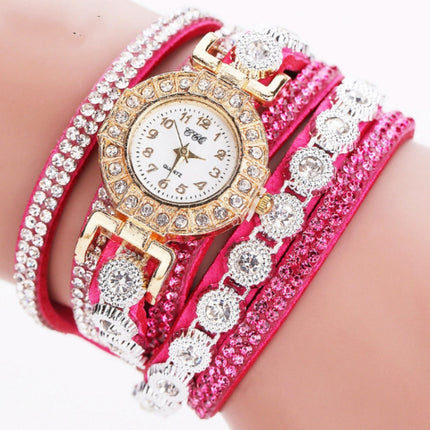 2 PCS Small Dial Diamond-plated Winding Bracelet Quartz Watch(Rose red)-garmade.com