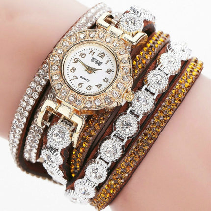 2 PCS Small Dial Diamond-plated Winding Bracelet Quartz Watch(Brown)-garmade.com