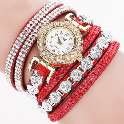 2 PCS Small Dial Diamond-plated Winding Bracelet Quartz Watch(Red)-garmade.com