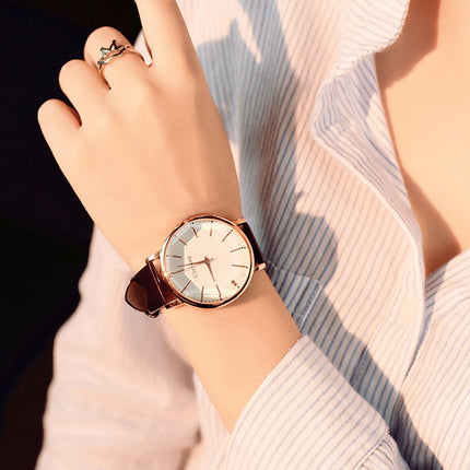 Ulzzang Simple Waterproof Large Dial Watch for Women(Brown white)-garmade.com