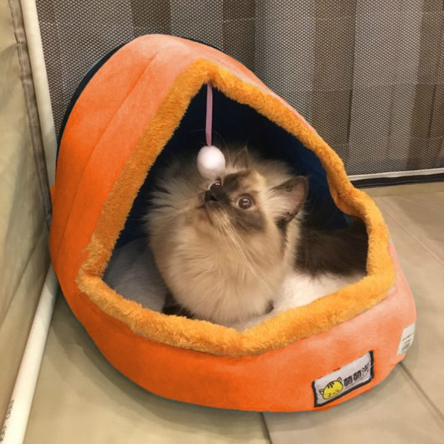 Pet Dog Cat Warm Soft Bed Pet Cushion Dog Kennel Cat Castle Foldable Puppy House with Toy Ball, Size:S(Orange)-garmade.com