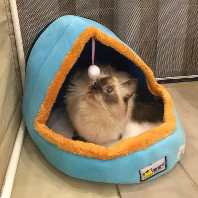 Pet Dog Cat Warm Soft Bed Pet Cushion Dog Kennel Cat Castle Foldable Puppy House with Toy Ball, Size:S(Blue)-garmade.com