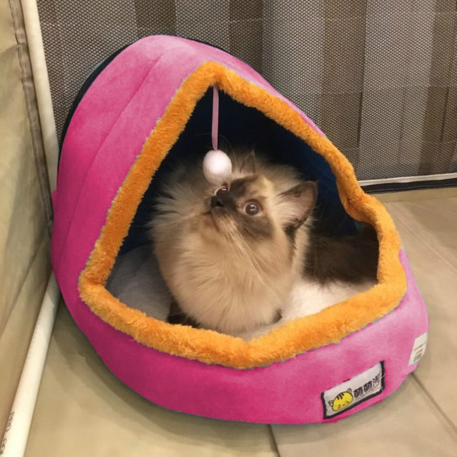 Pet Dog Cat Warm Soft Bed Pet Cushion Dog Kennel Cat Castle Foldable Puppy House with Toy Ball, Size:S(Pink)-garmade.com