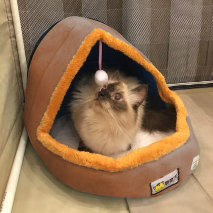 Pet Dog Cat Warm Soft Bed Pet Cushion Dog Kennel Cat Castle Foldable Puppy House with Toy Ball, Size:M(Camel Color)-garmade.com