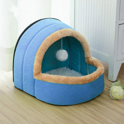 Pet Dog Cat Warm Soft Bed Pet Cushion Dog Kennel Cat Castle Foldable Puppy House with Toy Ball, Size:M(Blue)-garmade.com