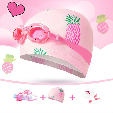 3 in 1 Children Swimming Swimming Cap + Swimming Goggles + Nose Clip Earplugs Set(Pink Pineapple)-garmade.com