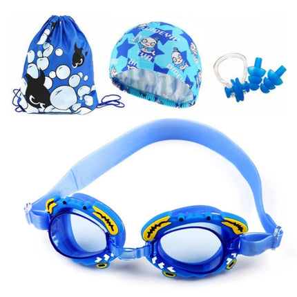 4 in 1 Cartoon Little Crab Waterproof and Anti-fog Silicone Swimming Goggles + Printed Pattern Swimming Cap + Nose Clip Earplugs + Storage Bag Swimming Equipment Set for Children(Blue Crab)-garmade.com