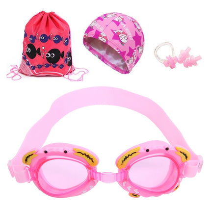 4 in 1 Cartoon Little Crab Waterproof and Anti-fog Silicone Swimming Goggles + Printed Pattern Swimming Cap + Nose Clip Earplugs + Storage Bag Swimming Equipment Set for Children(Pink Crab)-garmade.com