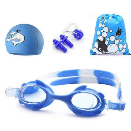 4 in 1 Cartoon Little Crab Waterproof and Anti-fog Silicone Swimming Goggles + Printed Pattern Swimming Cap + Nose Clip Earplugs + Storage Bag Swimming Equipment Set for Children(Blue Fish)-garmade.com