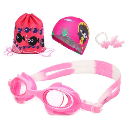 4 in 1 Cartoon Little Crab Waterproof and Anti-fog Silicone Swimming Goggles + Printed Pattern Swimming Cap + Nose Clip Earplugs + Storage Bag Swimming Equipment Set for Children(Pink Fish)-garmade.com