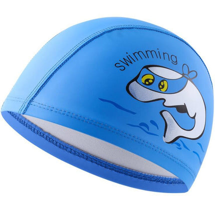 Children Swimming Cap PU Printed Cute Dolphin Pattern Elastic Swimming Cap(Dark Blue)-garmade.com