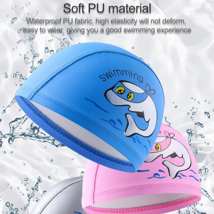 Children Swimming Cap PU Printed Cute Dolphin Pattern Elastic Swimming Cap(Dark Blue)-garmade.com